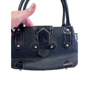 Eric Javits Squishee Black Straw & Patent Leather Trim Gold Satchel Handbag